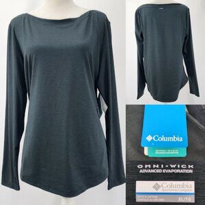 New Columbia Women XL OmniWick Gray Black Long Sleeve Place Shirt Top Thumbholes